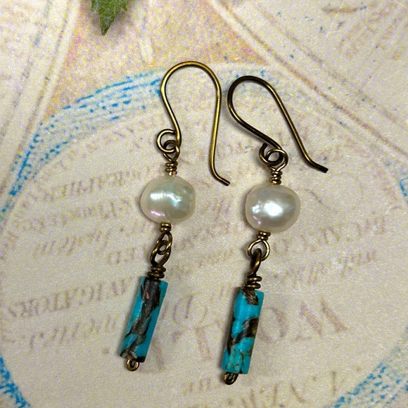 NEW Genuine freshwater pearls with imperial jasper earrings non tarnish copper - Picture 2 of 5